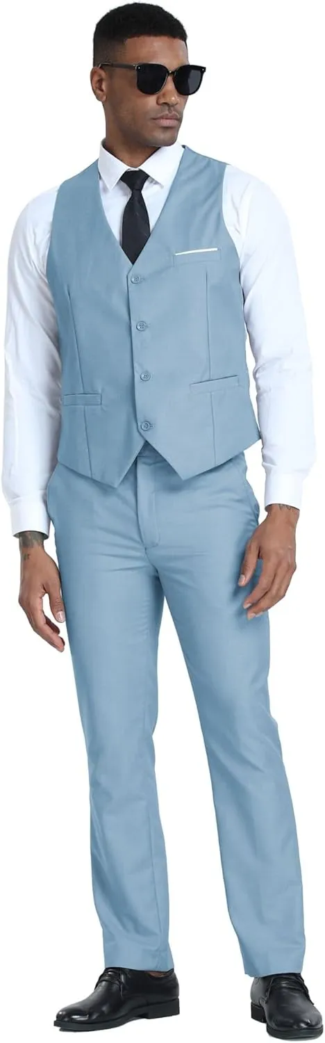 JPF Men's 2 Piece Slim Fit Suit Set, Solid Vest and Pants Suit for Men with Tie