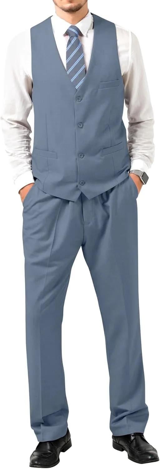 JPF Men's 2 Piece Slim Fit Suit Set, Solid Vest and Pants Suit for Men with Tie