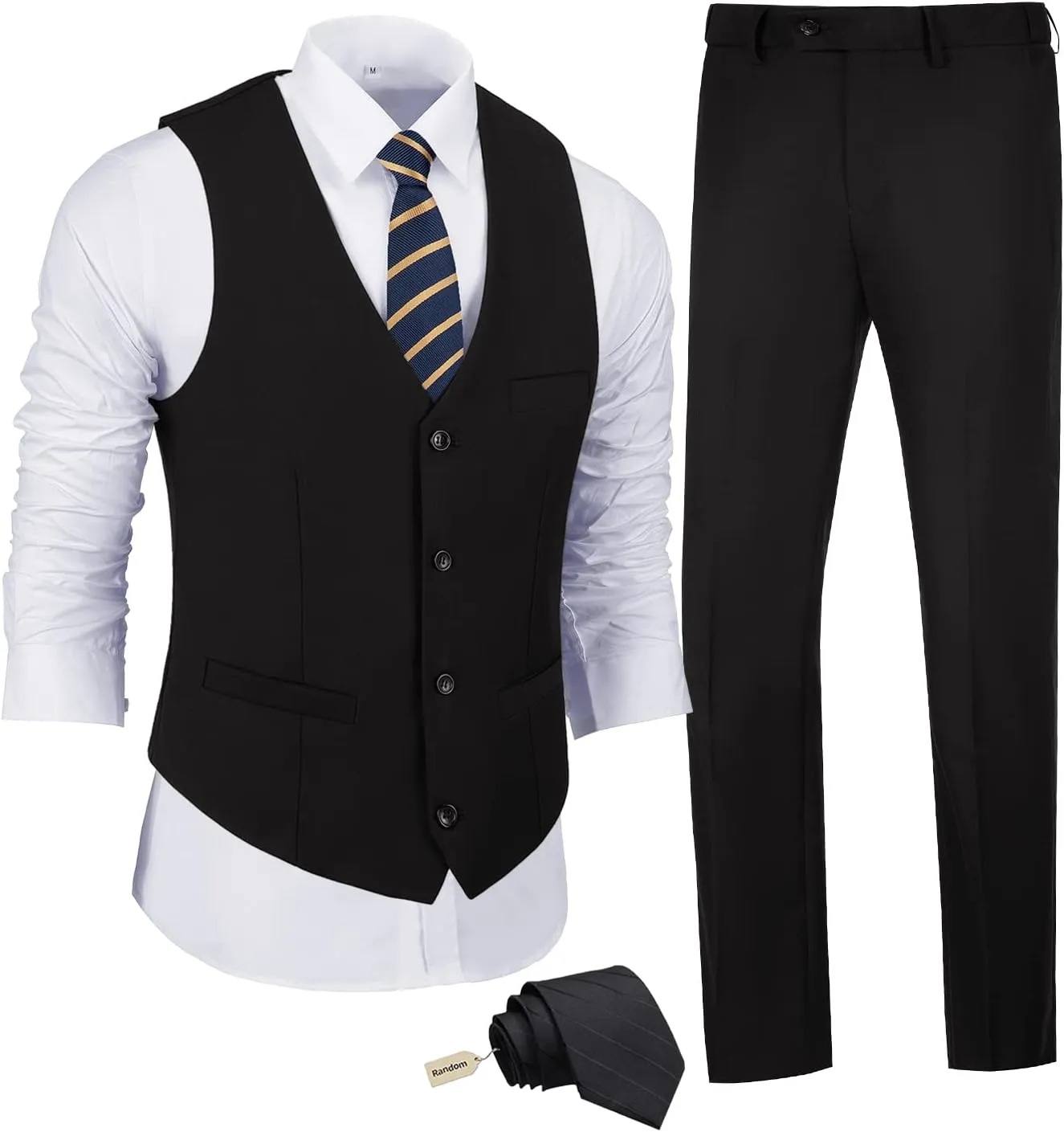 JPF Men's 2 Piece Slim Fit Suit Set, Solid Vest and Pants Suit for Men with Tie