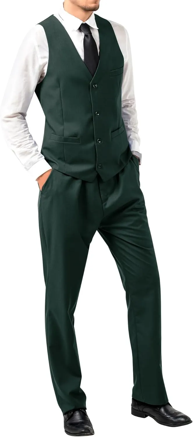 JPF Men's 2 Piece Slim Fit Suit Set, Solid Vest and Pants Suit for Men with Tie