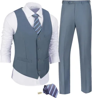 JPF Men's 2 Piece Slim Fit Suit Set, Solid Vest and Pants Suit for Men with Tie