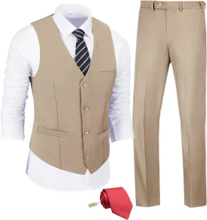 JPF Men's 2 Piece Slim Fit Suit Set, Solid Vest and Pants Suit for Men with Tie