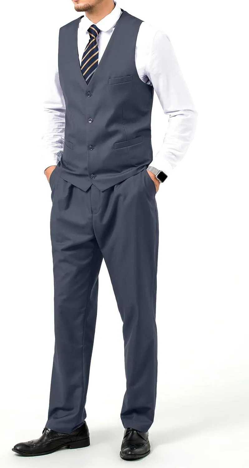 JPF Men's 2 Piece Slim Fit Suit Set, Solid Vest and Pants Suit for Men with Tie