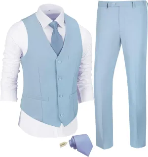 JPF Men's 2 Piece Slim Fit Suit Set, Solid Vest and Pants Suit for Men with Tie