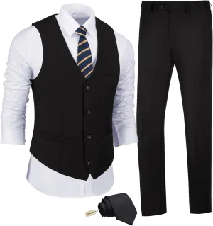 JPF Men's 2 Piece Slim Fit Suit Set, Solid Vest and Pants Suit for Men with Tie