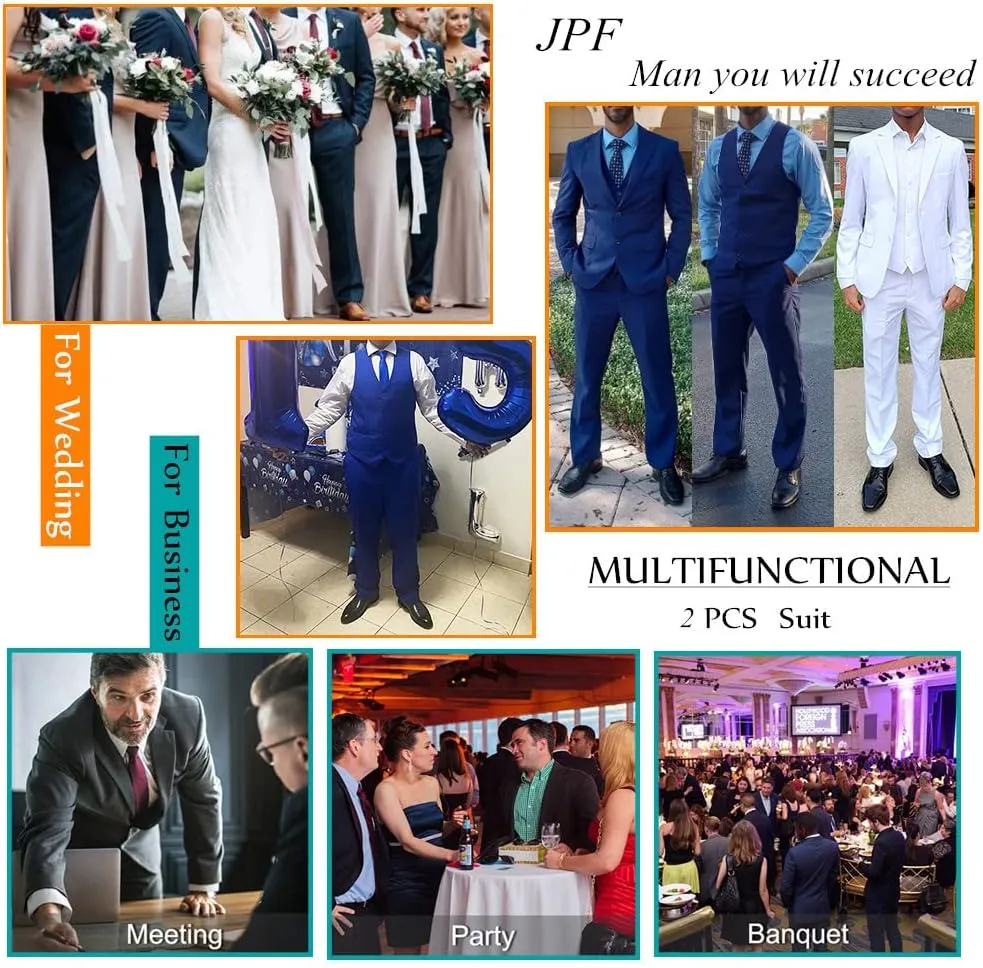 JPF Men's 2 Piece Slim Fit Suit Set, Solid Vest and Pants Suit for Men with Tie