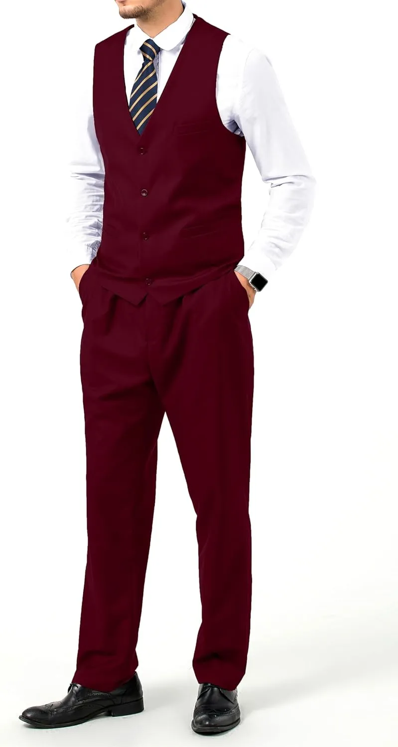 JPF Men's 2 Piece Slim Fit Suit Set, Solid Vest and Pants Suit for Men with Tie