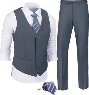 JPF Men's 2 Piece Slim Fit Suit Set, Solid Vest and Pants Suit for Men with Tie