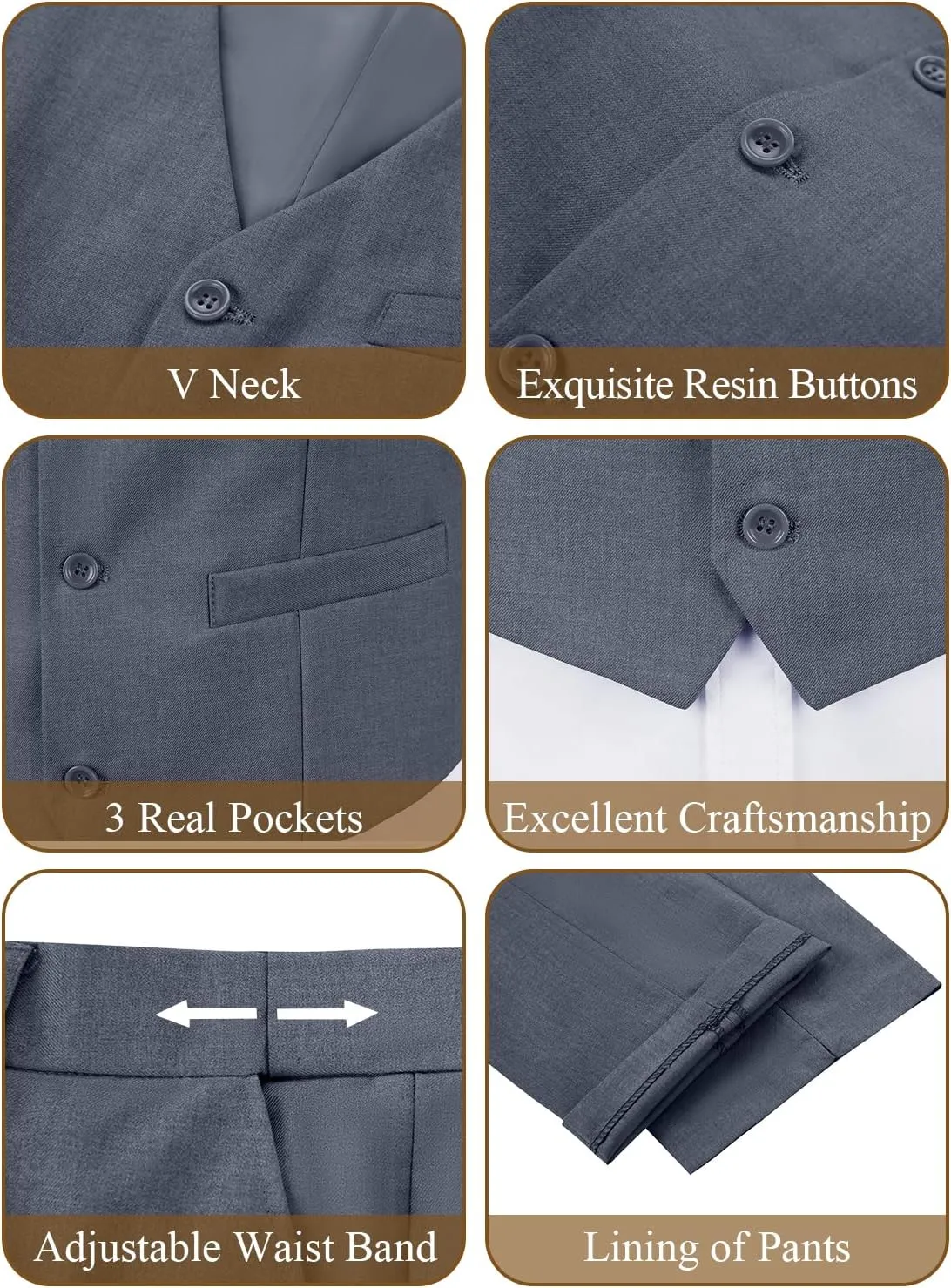 JPF Men's 2 Piece Slim Fit Suit Set, Solid Vest and Pants Suit for Men with Tie