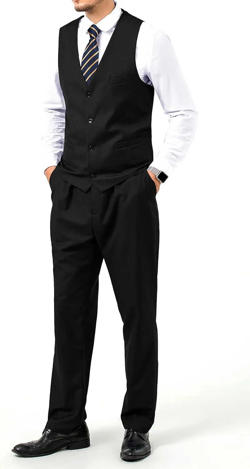 JPF Men's 2 Piece Slim Fit Suit Set, Solid Vest and Pants Suit for Men with Tie