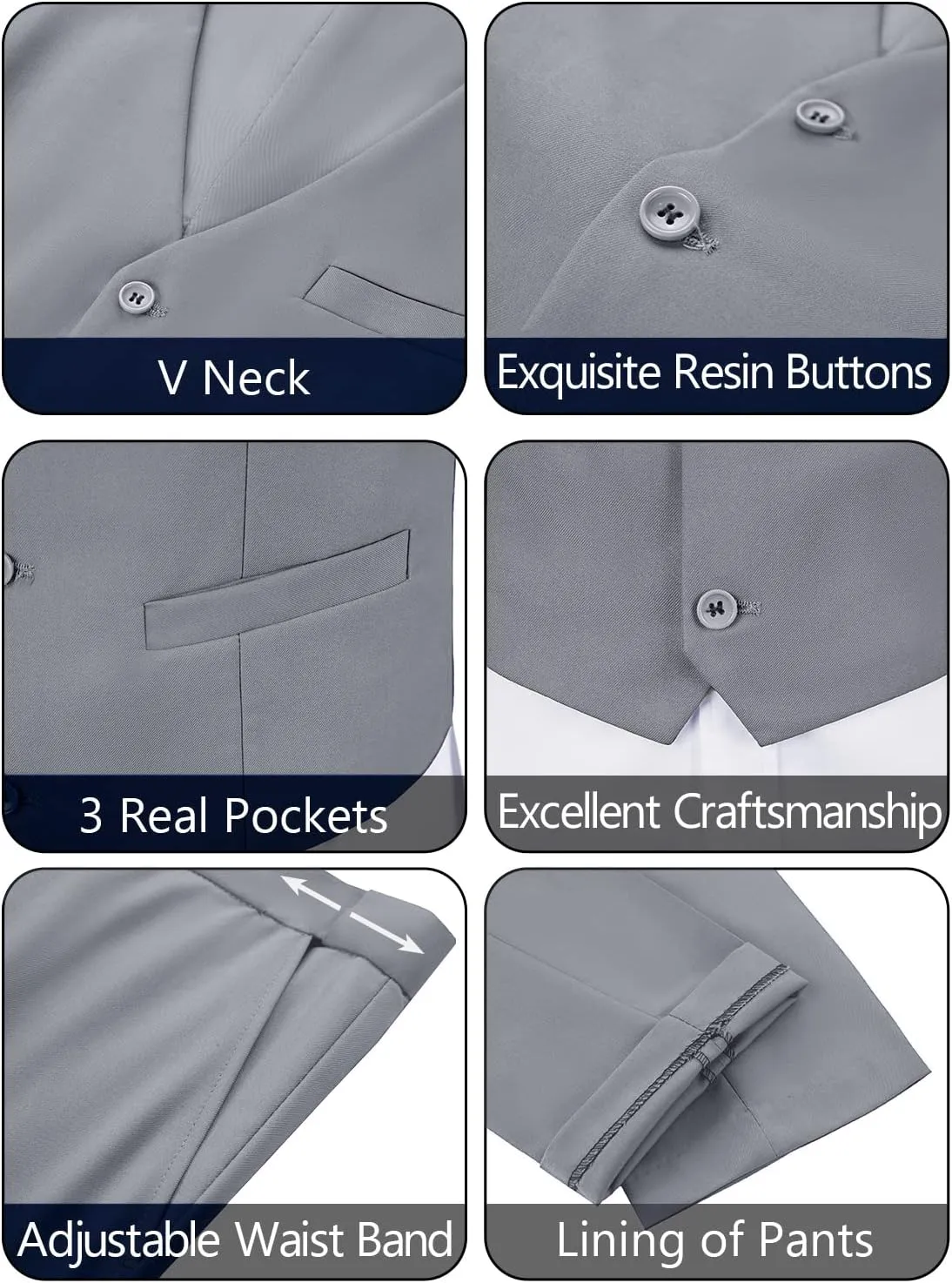 JPF Men's 2 Piece Slim Fit Suit Set, Solid Vest and Pants Suit for Men with Tie