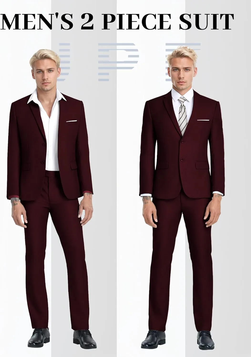 JPF Men's 2 Piece Slim Fit Suit Set, Two Button Solid Jacket Pants with Tie Suits for Men