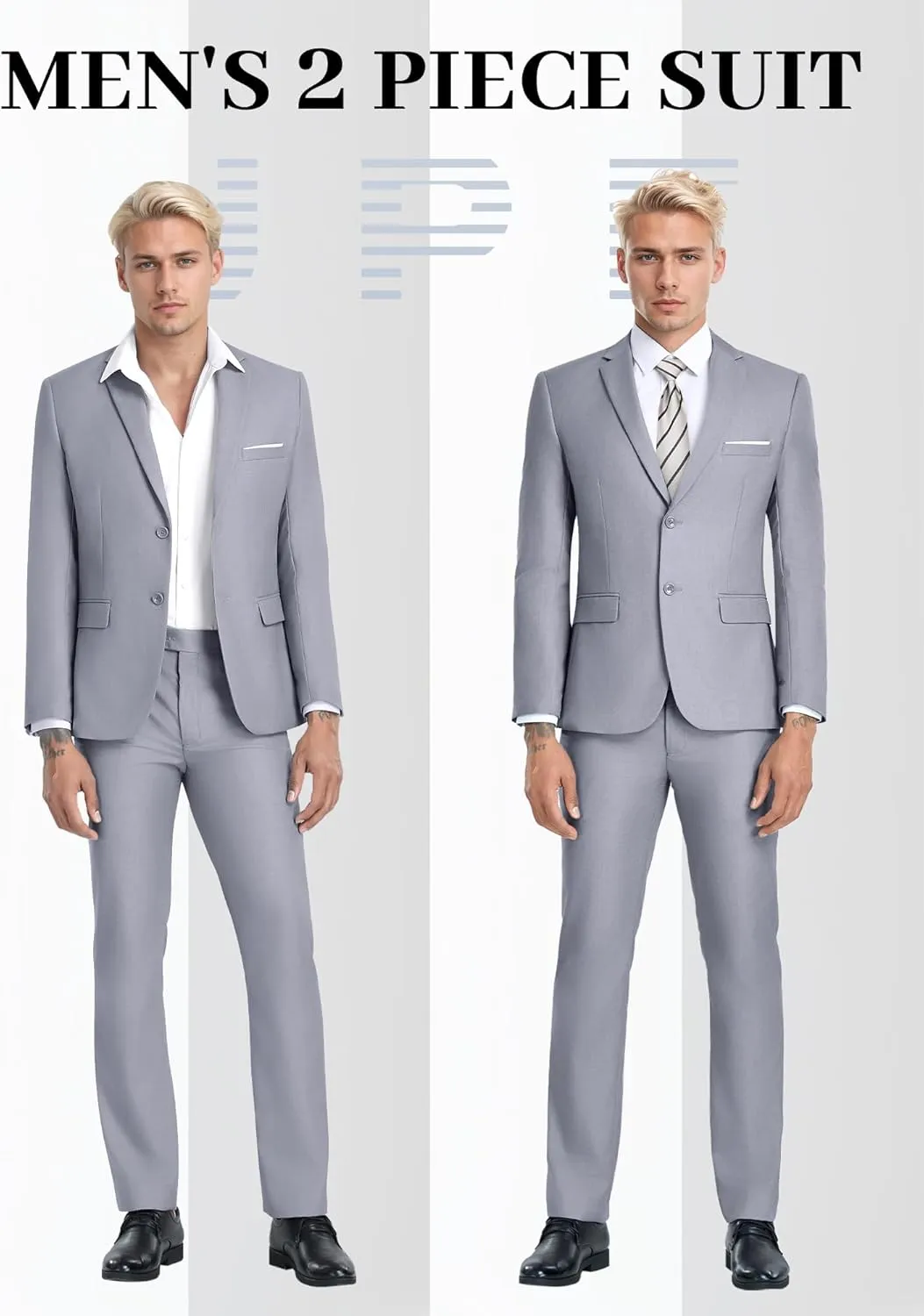 JPF Men's 2 Piece Slim Fit Suit Set, Two Button Solid Jacket Pants with Tie Suits for Men