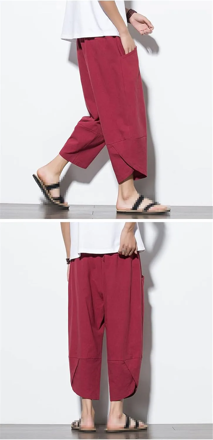 keusyoi Summr Men Chinese Style Cotton Linen Harem Pants Men Breathable Beach Pants Male Casual Calf-Lenght Trousers