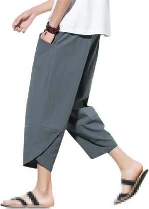 keusyoi Summr Men Chinese Style Cotton Linen Harem Pants Men Breathable Beach Pants Male Casual Calf-Lenght Trousers