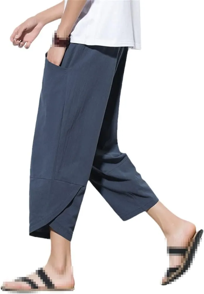 keusyoi Summr Men Chinese Style Cotton Linen Harem Pants Men Breathable Beach Pants Male Casual Calf-Lenght Trousers