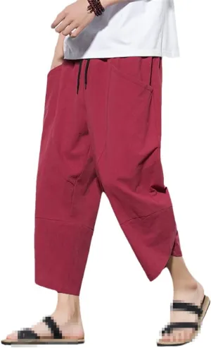 keusyoi Summr Men Chinese Style Cotton Linen Harem Pants Men Breathable Beach Pants Male Casual Calf-Lenght Trousers