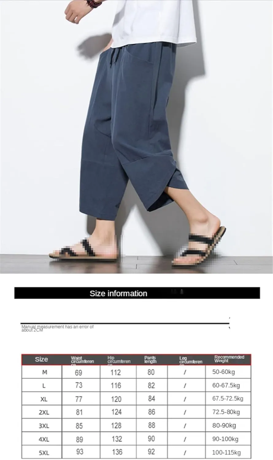 keusyoi Summr Men Chinese Style Cotton Linen Harem Pants Men Breathable Beach Pants Male Casual Calf-Lenght Trousers