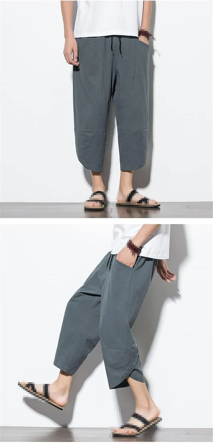 keusyoi Summr Men Chinese Style Cotton Linen Harem Pants Men Breathable Beach Pants Male Casual Calf-Lenght Trousers