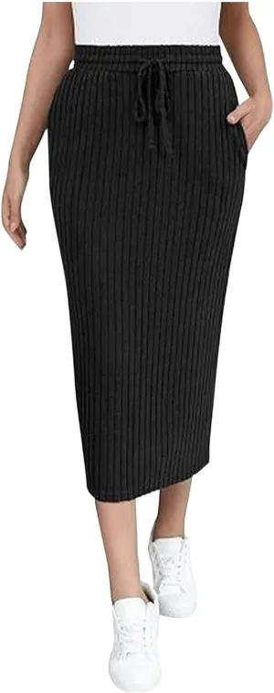 Knit Work Skirt for Women Summer Breathable Stretchy Drawstring Casual Midi High Waisted Bodycon Skirt Outfit