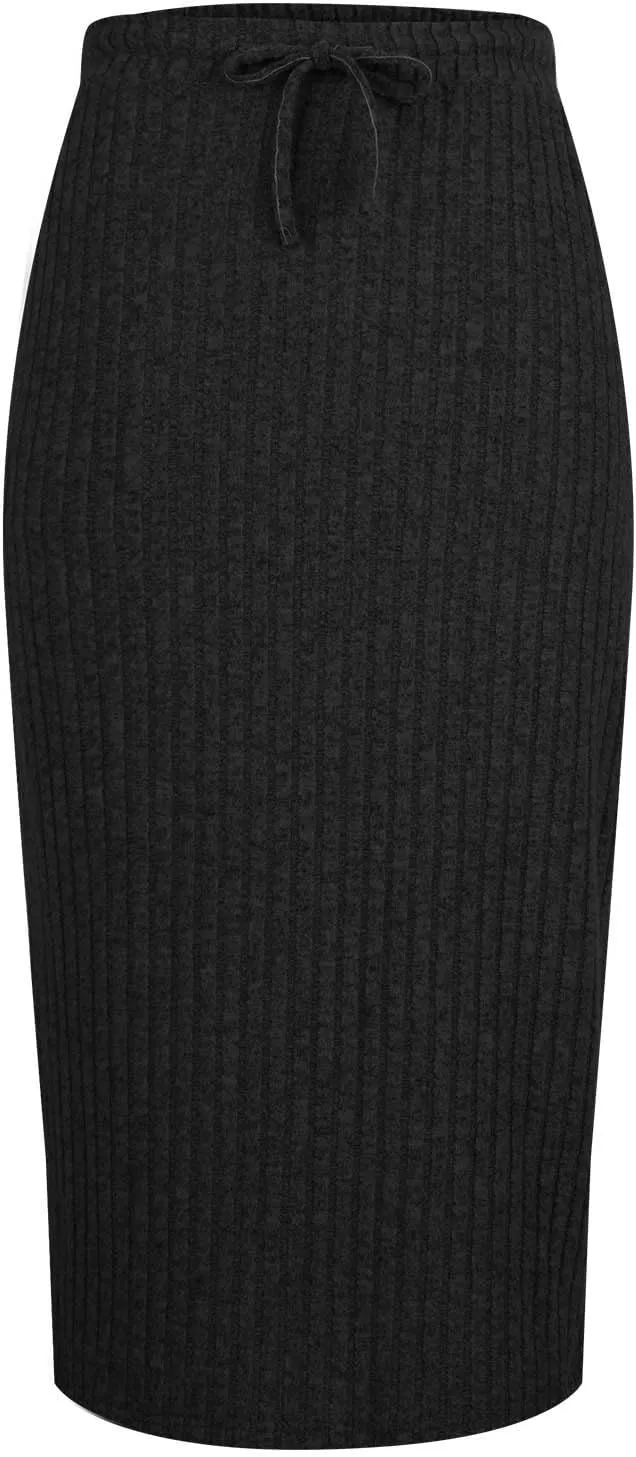 Knit Work Skirt for Women Summer Breathable Stretchy Drawstring Casual Midi High Waisted Bodycon Skirt Outfit