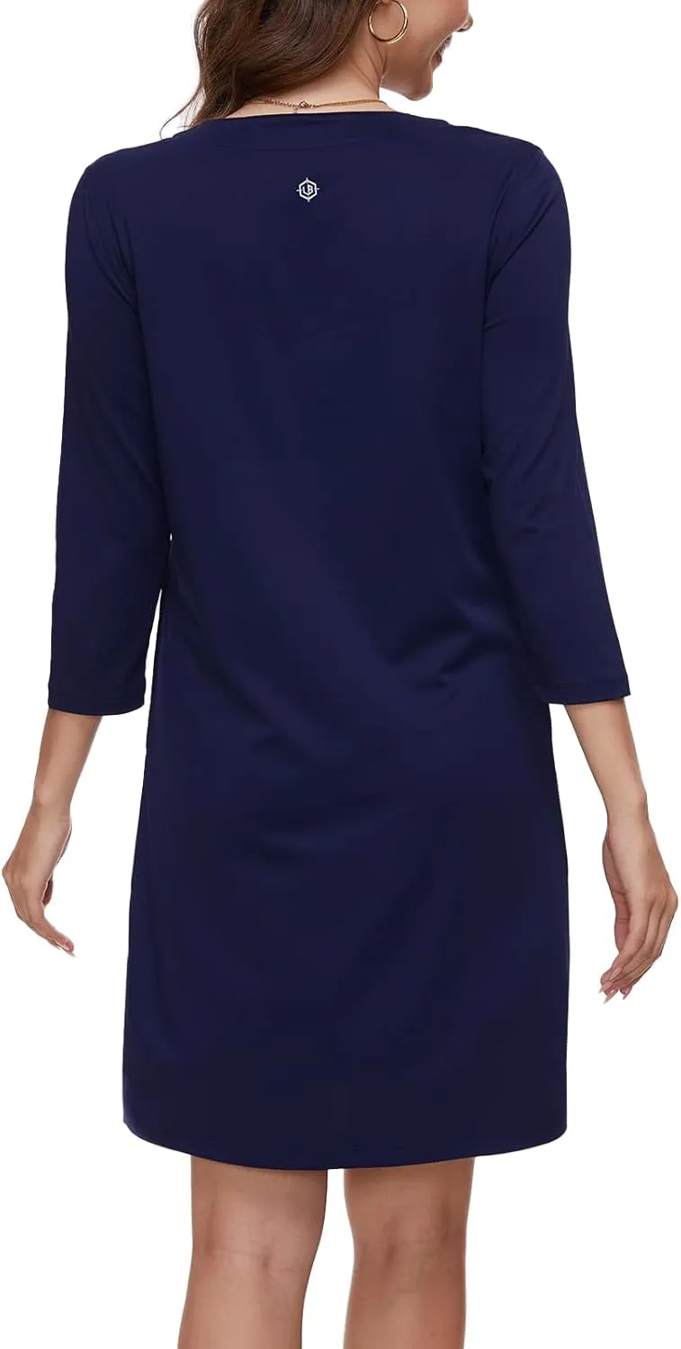 Lightbare Womens 3/4 Sleeve Dress with Pockets UPF 50  Casual Sun Dress Breathable Quick Dry for Beach Hiking Outdoors Party