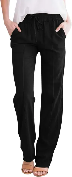 Lightweight Summer Pants Women Plus Size Cotton Linen Pants Casual Drawstring Elastic High Waisted Straight Leg Pants