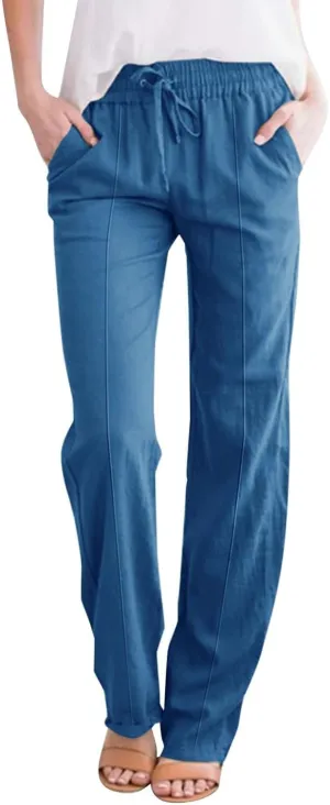 Lightweight Summer Pants Women Plus Size Cotton Linen Pants Casual Drawstring Elastic High Waisted Straight Leg Pants