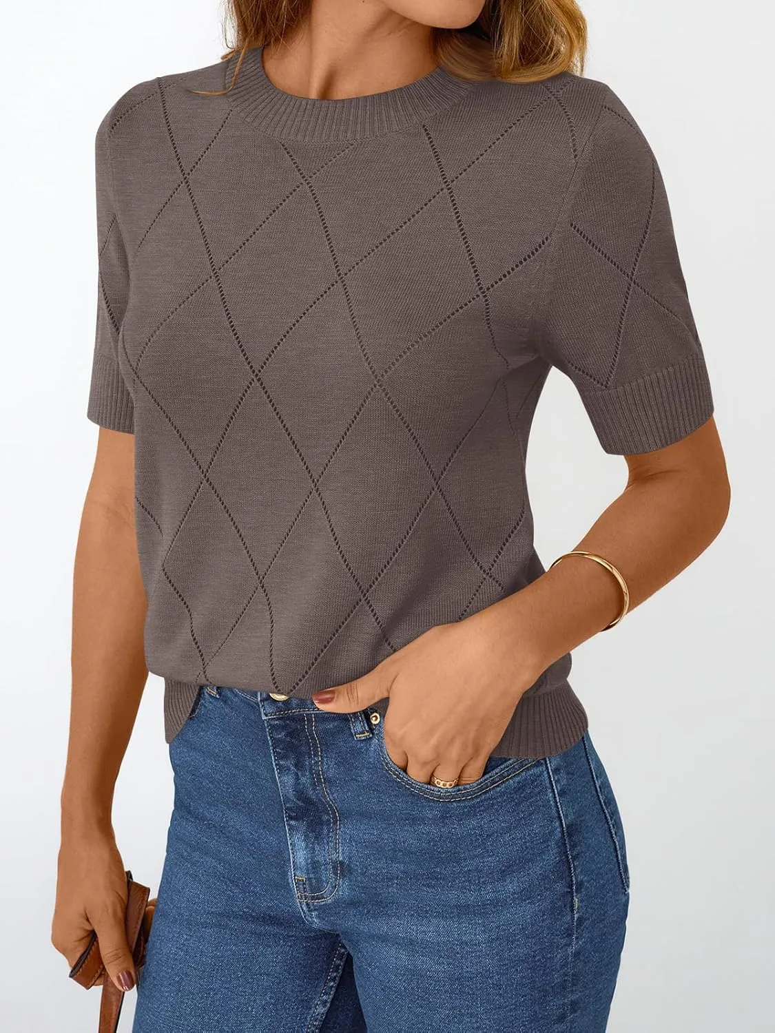 LILLUSORY Womens Knit Hollowed Out Sweater Summer Lightweight Short Sleeve Wool Blend Tops