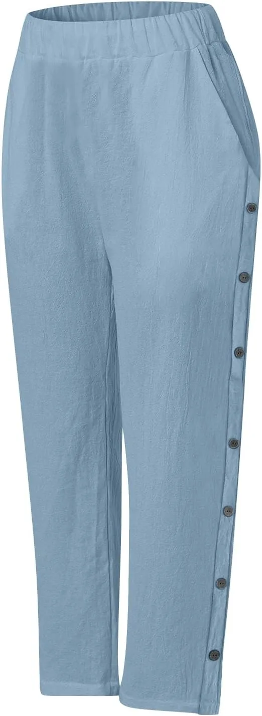 Linen Capri Pants for Women Elastic Waist Casual Palazzo Trousers Stretchy Lounge Trousers Summer Beach Travel Vacation
