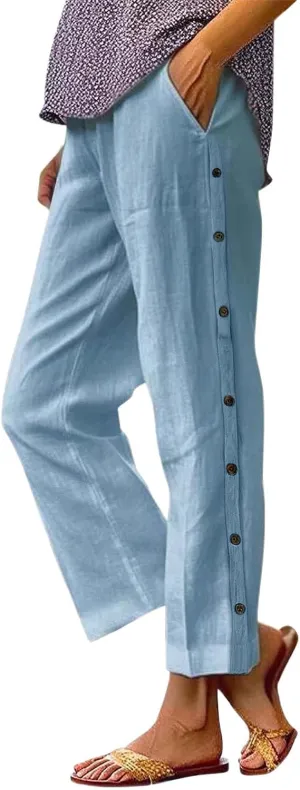 Linen Capri Pants for Women Elastic Waist Casual Palazzo Trousers Stretchy Lounge Trousers Summer Beach Travel Vacation