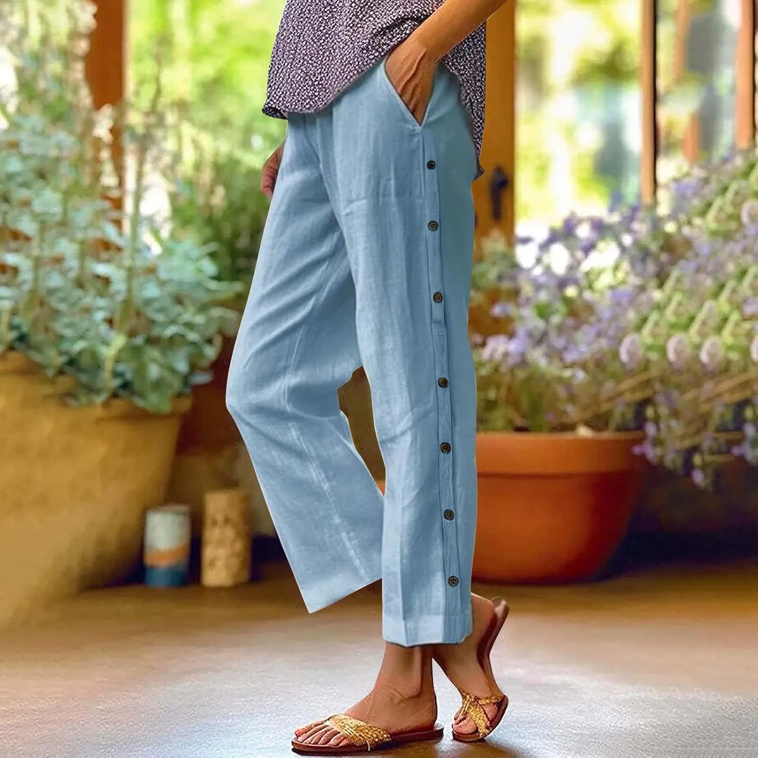 Linen Capri Pants for Women Elastic Waist Casual Palazzo Trousers Stretchy Lounge Trousers Summer Beach Travel Vacation