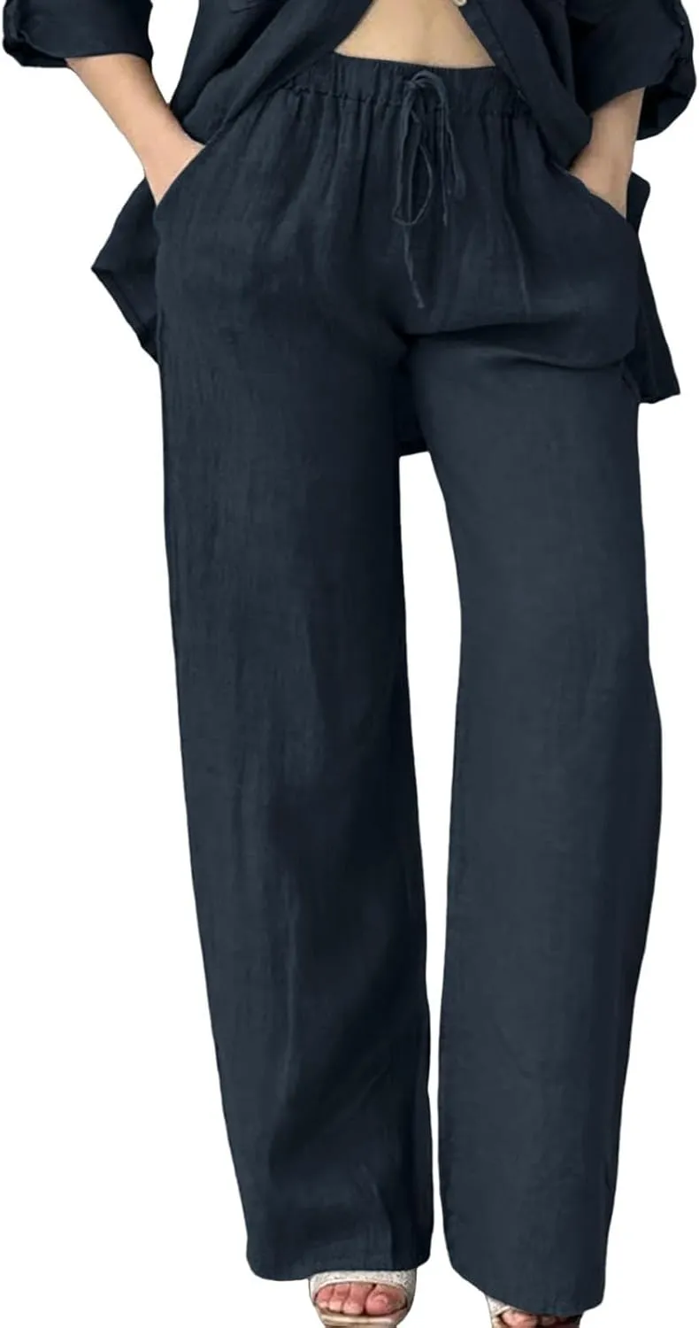 Linen Capri Pants for Women Summer 2025 Wide Leg Loose Drawstring Elastic Waist Cropped Trouser