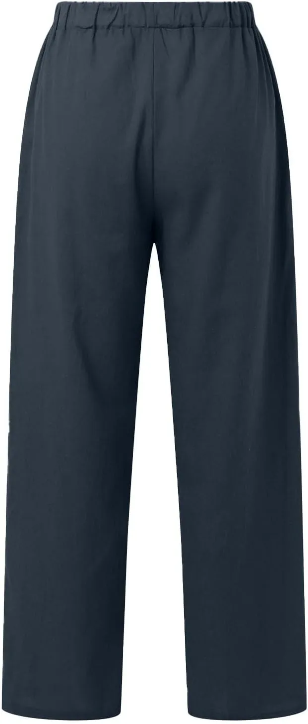 Linen Capri Pants for Women Summer 2025 Wide Leg Loose Drawstring Elastic Waist Cropped Trouser