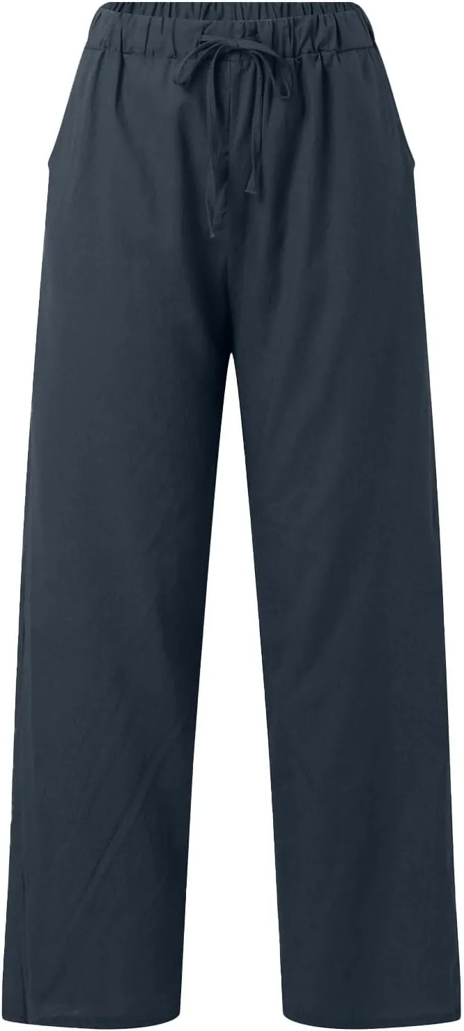 Linen Capri Pants for Women Summer 2025 Wide Leg Loose Drawstring Elastic Waist Cropped Trouser