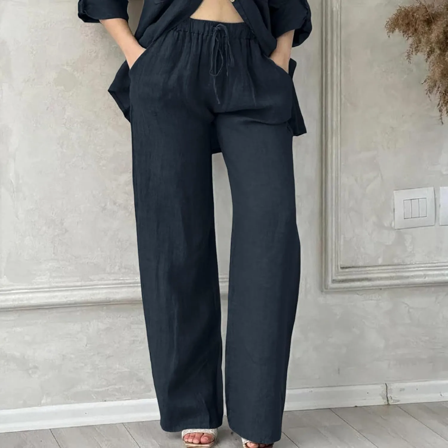 Linen Capri Pants for Women Summer 2025 Wide Leg Loose Drawstring Elastic Waist Cropped Trouser