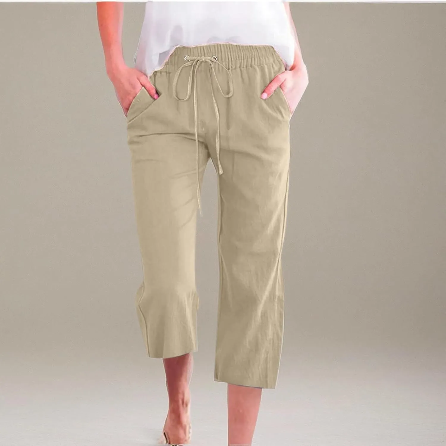 Linen Capris for Women 2024 Summer Lightweight High Waisted Cropped Pants Casual Loose Wide Leg Trousers with Pockets
