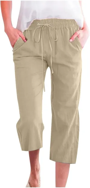 Linen Capris for Women 2024 Summer Lightweight High Waisted Cropped Pants Casual Loose Wide Leg Trousers with Pockets
