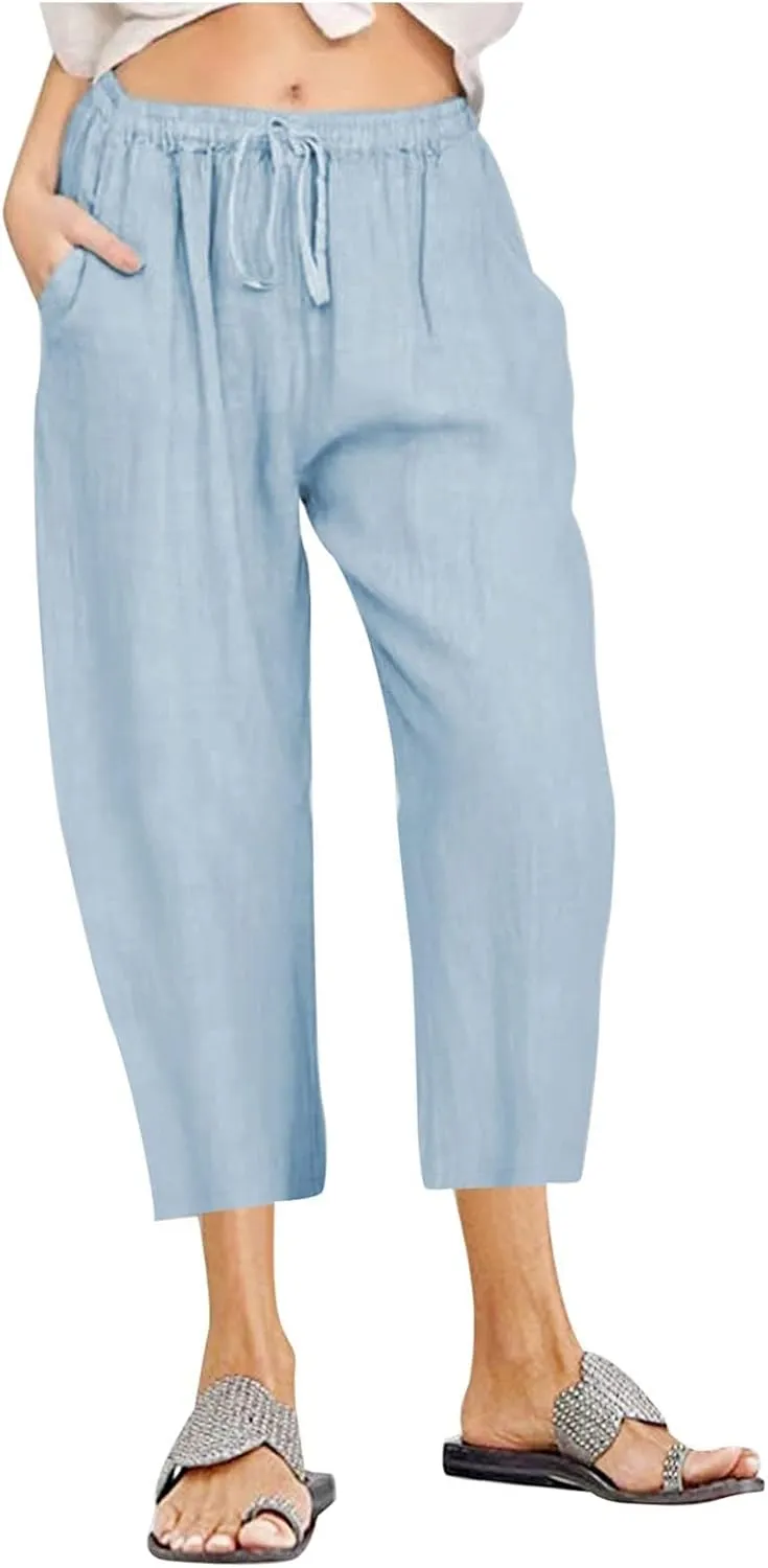 Linen Capris Pants for Women 2025 Summer Casual Loose Comfy Beach Pants Cropped Vacation Outfits with Pockets