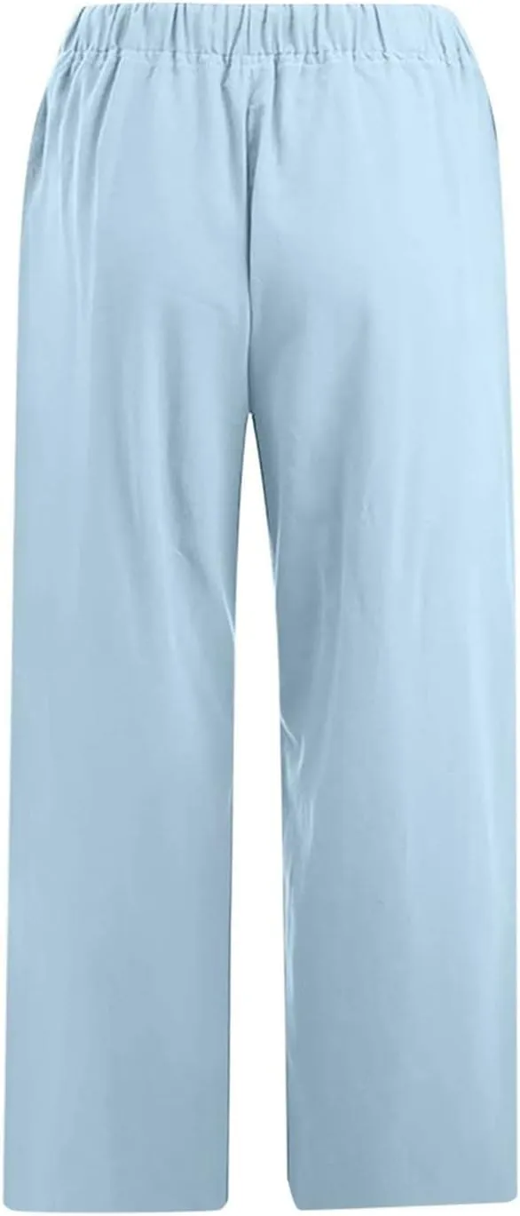Linen Capris Pants for Women 2025 Summer Casual Loose Comfy Beach Pants Cropped Vacation Outfits with Pockets