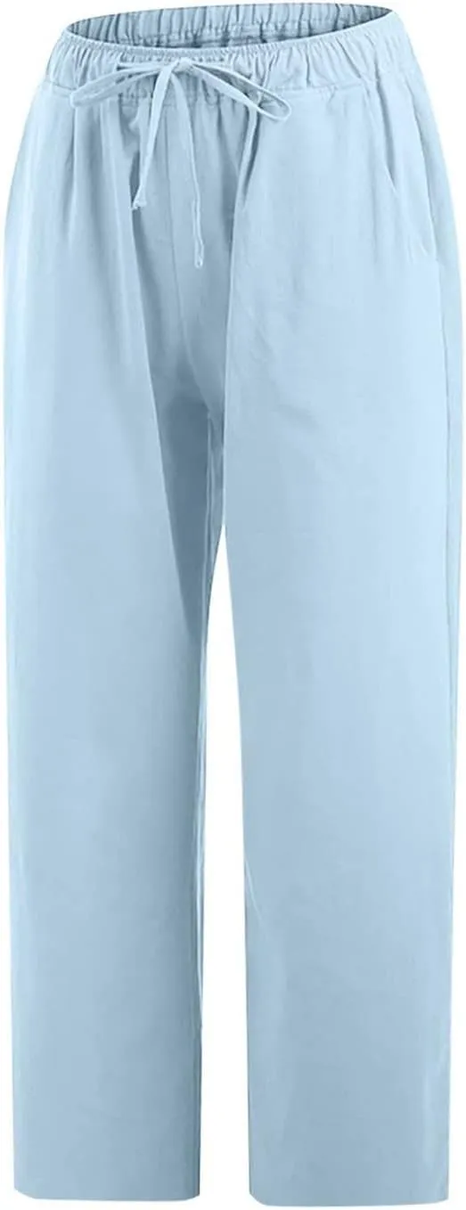 Linen Capris Pants for Women 2025 Summer Casual Loose Comfy Beach Pants Cropped Vacation Outfits with Pockets
