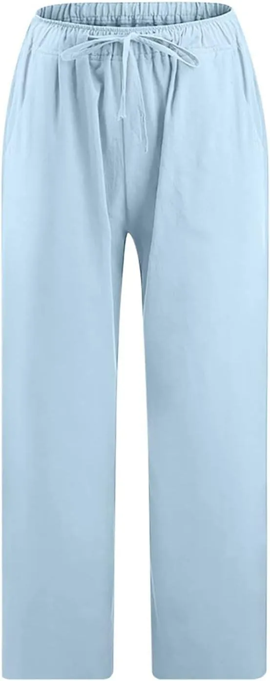 Linen Capris Pants for Women 2025 Summer Casual Loose Comfy Beach Pants Cropped Vacation Outfits with Pockets