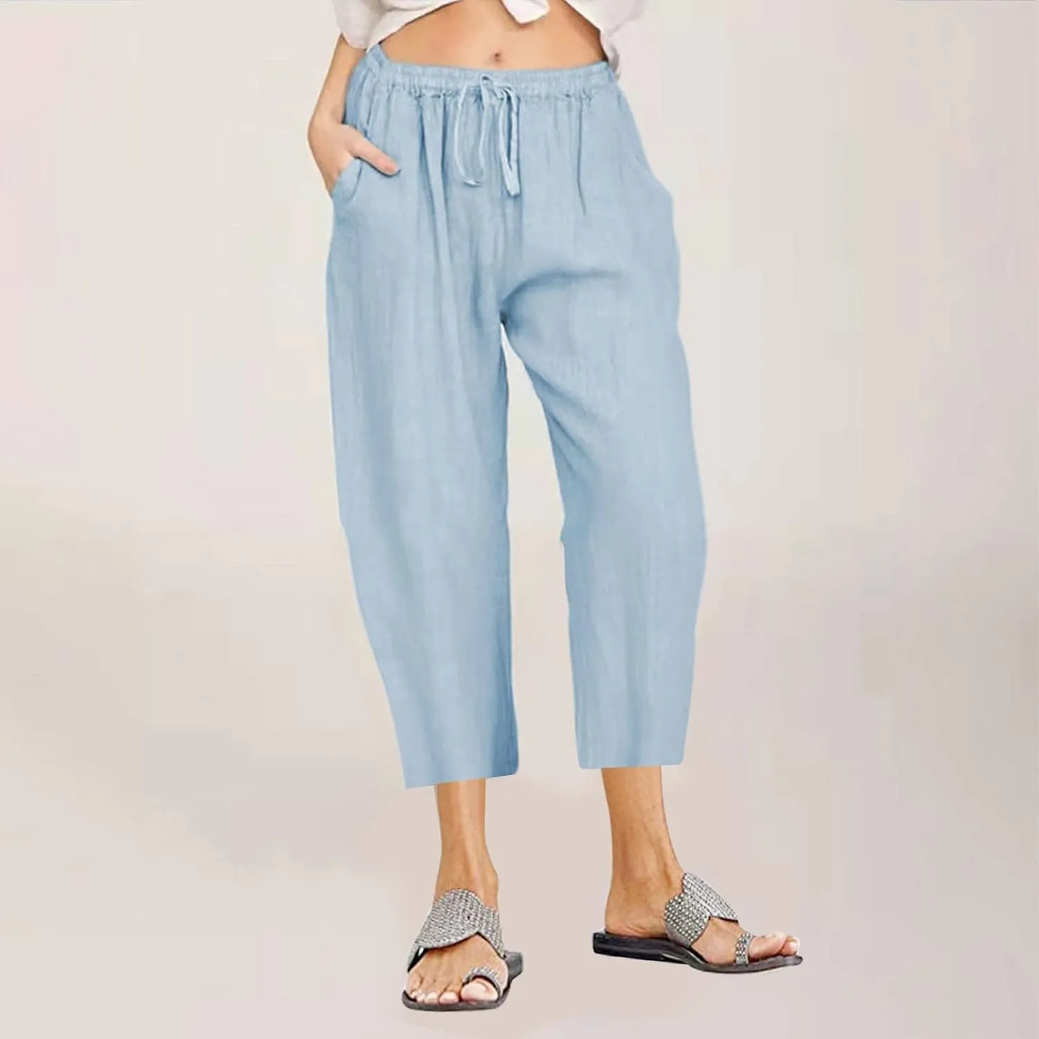Linen Capris Pants for Women 2025 Summer Casual Loose Comfy Beach Pants Cropped Vacation Outfits with Pockets