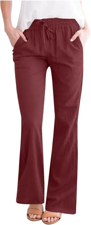 Linen Flared Pants for Women Casual Drawstring Elastic Waist Pant Trendy 2025 Summer Lounge Work Trouser with Pockets