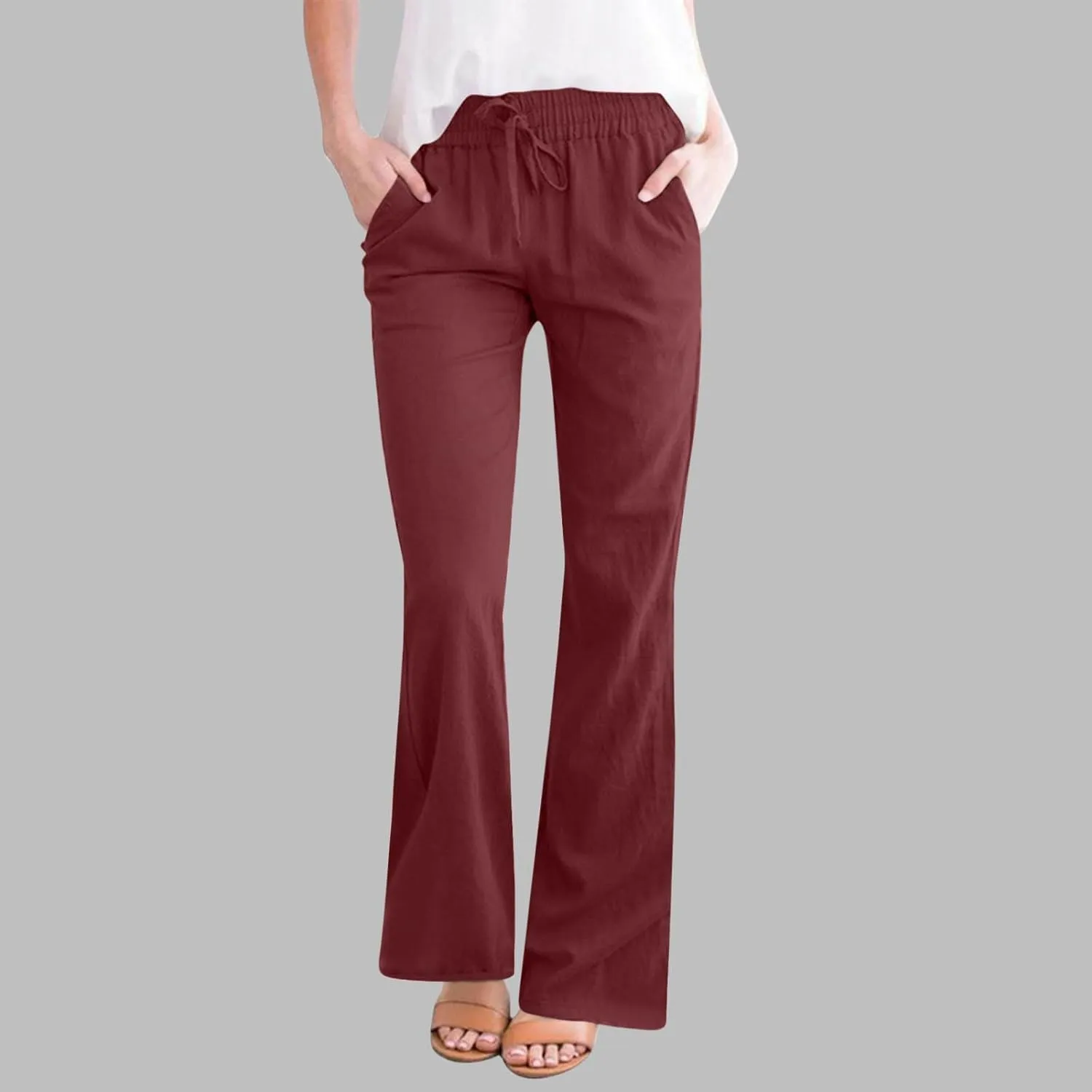 Linen Flared Pants for Women Casual Drawstring Elastic Waist Pant Trendy 2025 Summer Lounge Work Trouser with Pockets