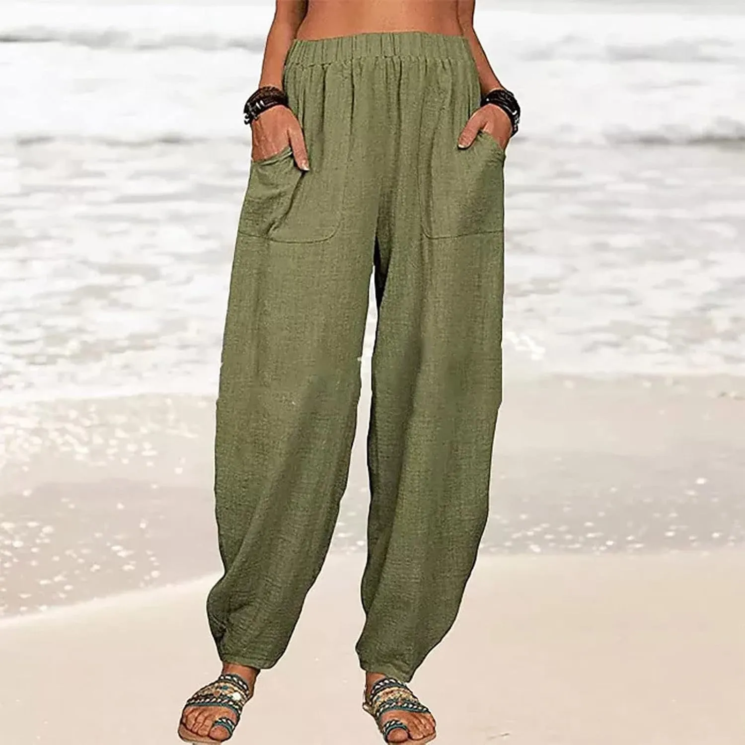 Linen Harem Pants for Women Summer Light Weight Quick Dry Pants Loose Wide Leg Trousers Pocket Elastic Waist Pants