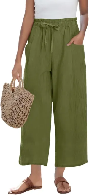 Linen Pants for Women 2025 Summer High Waist Elastic Straight Leg Lounge Palazzo Pant Lightweight Beach Trousers