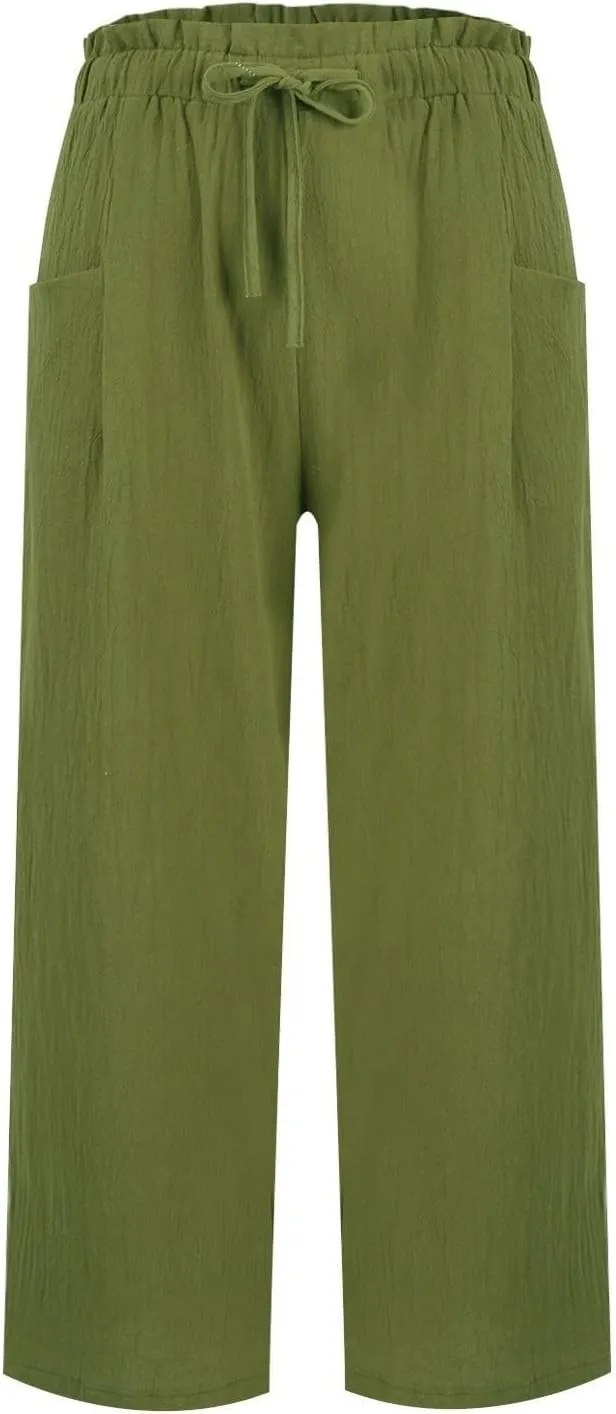Linen Pants for Women 2025 Summer High Waist Elastic Straight Leg Lounge Palazzo Pant Lightweight Beach Trousers