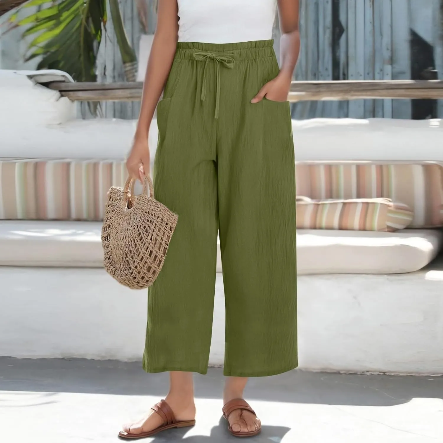 Linen Pants for Women 2025 Summer High Waist Elastic Straight Leg Lounge Palazzo Pant Lightweight Beach Trousers