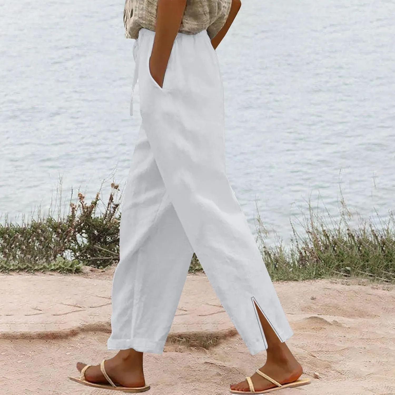 Linen Pants for Women 2025 Summer High Waist Straight Leg Lounge Pant Casual Loose Lightweight Split Beach Trousers